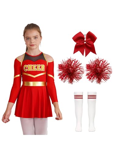 Mufeng Mädchen Cheer Leadering Kostüm Langarm Cheer Leader Kleid + Socken + Pompoms + Kopfbedeckung Glitzer Cheer Outfits Cosplay Party Kostüm B Rot 110-116 von Mufeng