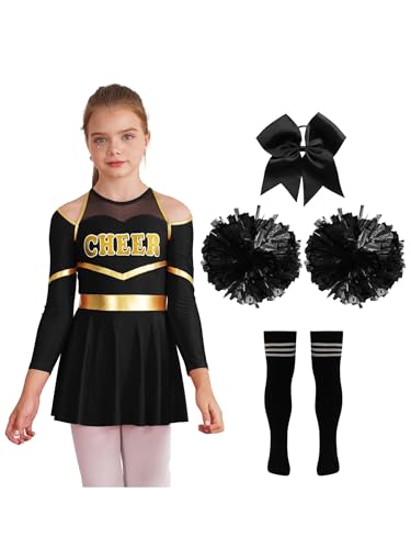 Mufeng Mädchen Cheer Leadering Kostüm Langarm Cheer Leader Kleid + Socken + Pompoms + Kopfbedeckung Cheer Outfits Cosplay Party Kostüm Ein Schwarz-Weiß 134-140 von Mufeng