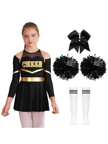 Mufeng Mädchen Cheer Leadering Kostüm Langarm Cheer Leader Kleid + Socken + Pompoms + Kopfbedeckung Cheer Outfits Cosplay Party Kostüm Ein Weiß&Schwarz 110-116 von Mufeng