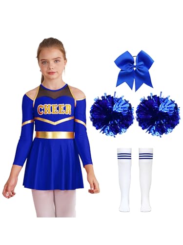 Mufeng Mädchen Cheer Leadering Kostüm Langarm Cheer Leader Kleid + Socken + Pompoms + Kopfbedeckung Cheer Outfits Cosplay Party Kostüm Ein blaues 134-140 von Mufeng