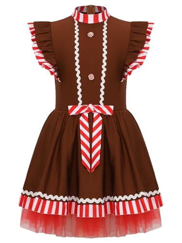 Mufeng Mädchen Lebkuchenmann Kostüm Ärmellos Weihnachten Kleid mit Streifen Druck Tutu Tanzkleid Cosplay Party Weihnachtskostüm Braun 110-116 von Mufeng