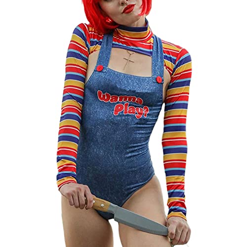 2-teiliges Halloween-Kostüm für Damen, gruseliges Albtraum-Killer-Kostüm, Möchtest du Filmcharakter-Kleid spielen? Chucky-Puppenkostüm, Kostümset (Blue, L) von Mugoebu