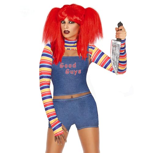 Chucky-Kostüm für Damen, Halloween, gruseliges Puppenkostüm, böse Puppe, Leibchen, gestreiftes Bolero, elastische Shorts für Cosplay, Maskerade, Party-Outfits (Blue, L) von Mugoebu