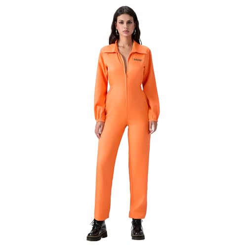 Halloween-Kostüm für Erwachsene mit Zahlendruck, langärmeliges Revers, Reißverschluss vorne, Overall, orangefarbener Gefängnisinsasse, Halloween-Kostüm, Unisex, Gefängnis, Verbrecher (Orange Women, S) von Mugoebu