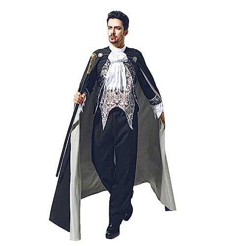 Halloween Vampirkostüme für Herren, langärmelige Oberteile, Hosen und Umhang für Cosplay, Maskerade, Rollenspiele, Party-Outfits (Vampir-Adlige (Silver Black Vampire, One Size) von Mugoebu