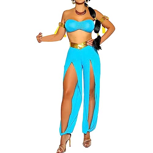 Mugoebu Arabische Prinzessin Cosplay-Kostüm für Frauen, trägerlose Bandeau-Tops, geschlitzte lange Hosen und Armbinder-Set Jasmine Costumes (Blue, M) von Mugoebu