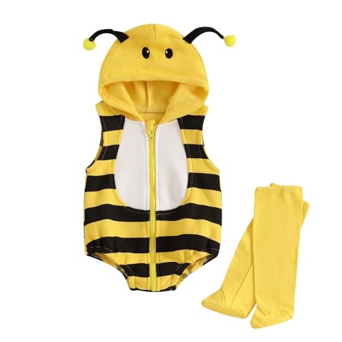 Mugoebu Baby Halloween Bienen Kostüme Neugeborenen Säugling Honig Biene Onesie Strampler Kostüm Body Set mit Socken (Yellow, 0-6 Months) von Mugoebu