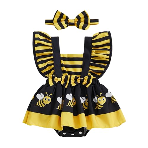 Mugoebu Baby Mädchen Biene/Marienkäfer/Kuh/Elefant Strampler Kleid Hosenschlitz Ärmel Rock Saum Overalls Biene Bodys Baby Biene Kostüm mit Stirnband (Yellow, 12-18 Months) von Mugoebu