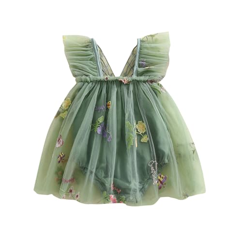 Mugoebu Baby Mädchen Halloween Kostüm Schmetterlingsflügel Mesh Blume Ärmellos Tüll Fee Strampler Kleid Geburtstag Tutu Kleid (Green, 12-18 Months) von Mugoebu