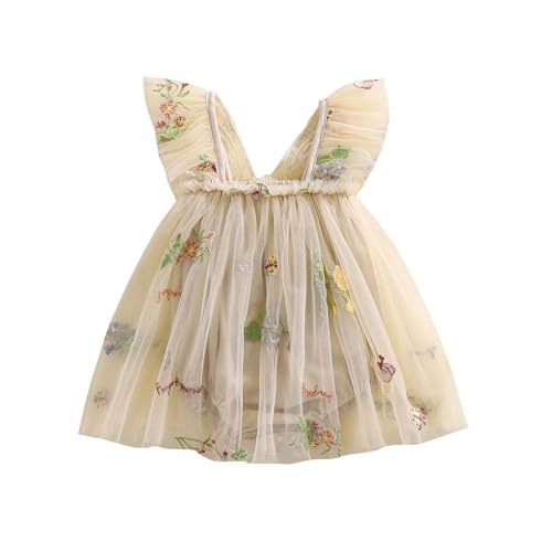 Mugoebu Baby Mädchen Halloween Kostüm Schmetterlingsflügel Mesh Blume Ärmellos Tüll Fee Strampler Kleid Geburtstag Tutu Kleid (Khaki, 12-18 Months) von Mugoebu