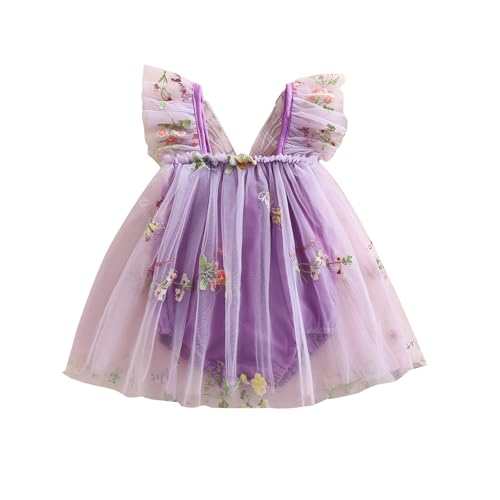 Mugoebu Baby Mädchen Halloween Kostüm Schmetterlingsflügel Mesh Blume Ärmellos Tüll Fee Strampler Kleid Geburtstag Tutu Kleid (Purple, 0-3 Months) von Mugoebu