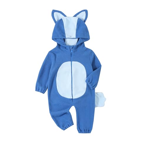 Mugoebu Cartoon Blue Orange Hunde Kostüm für Kleinkind Baby Jungen Mädchen Halloween Kostüm mit Kapuze -Ohr -Schwanz One -Stück Jumpsuit (Blue, 12-18 Months) von Mugoebu