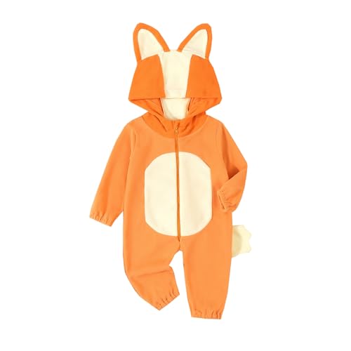 Mugoebu Cartoon Blue Orange Hunde Kostüm für Kleinkind Baby Jungen Mädchen Halloween Kostüm mit Kapuze -Ohr -Schwanz One -Stück Jumpsuit (Orange, 12-18 Months) von Mugoebu