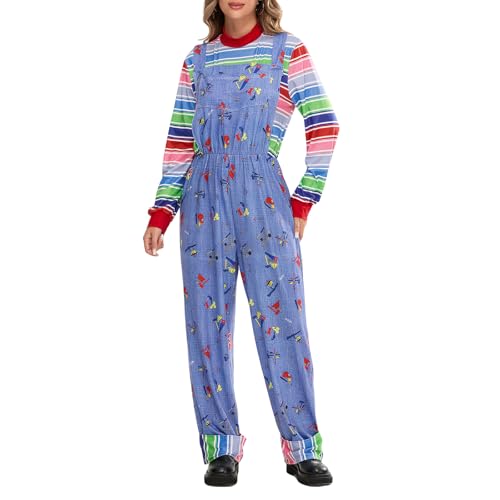 Mugoebu Chucky-Kostüm für Damen, Teufelskostüm, Halloween, Cosplay, langärmeliger, gefälschter zweiteiliger gestreifter Overall, Halloween, Kinderspiel, Chucky-Kostüm für Erwachsene (Blue, XXL) von Mugoebu