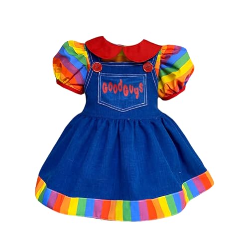 Mugoebu Chucky-Puppenkostüm für kleine Mädchen, Regenbogen-Puppenkragen, Oberteile mit Puffärmeln, Hosenträgerrock mit Vordertasche, Halloween-Horror-Kostüm, Chucky-Cosplay (Blue, 6-12 Months) von Mugoebu