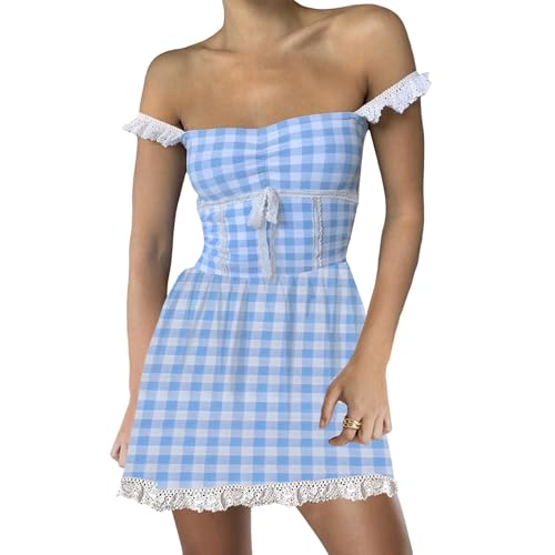 Mugoebu Damen Blau Gingham Kleid Halloween Dorothy Plaid Kostüm Storybook Charakter Cosplay Fairycore Coquette Kleid (Blue, L) von Mugoebu