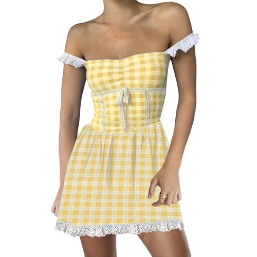 Mugoebu Damen Blau Gingham Kleid Halloween Dorothy Plaid Kostüm Storybook Charakter Cosplay Fairycore Coquette Kleid (Yellow, L) von Mugoebu