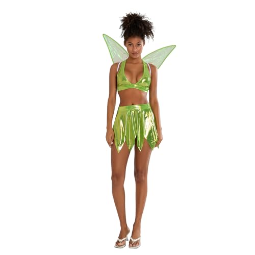 Mugoebu Damen Fee Tinkerbell Kostüm Glitzer Neckholder Tank Tops Röcke mit Schmetterlingsflügel Halloween Karneval Kostüm (Light Green, L) von Mugoebu