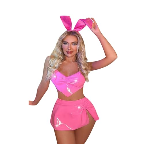 Mugoebu Damen Halloween Bunny Girl Cosplay Kostüm Outfits Neckholder Tank Tops Röcke Tangas Hasenohren Stirnband Ausgefallenes Set (Pink, M) von Mugoebu