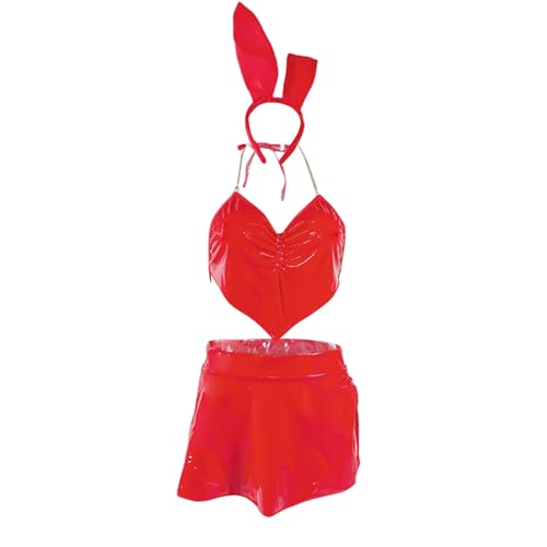 Mugoebu Damen Halloween Bunny Girl Cosplay Kostüm Outfits Neckholder Tank Tops Röcke Tangas Hasenohren Stirnband Ausgefallenes Set (Red, L) von Mugoebu