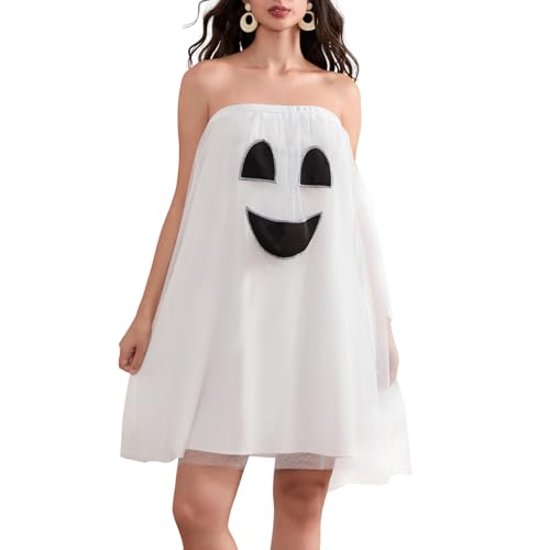 Mugoebu Damen Halloween Cosplay Geisterkostüm, Geist Halloween Party Cosplay Trägerloses Babydollkleid Kostüm Geist Ärmelloses Hemdkleid (White, M) von Mugoebu