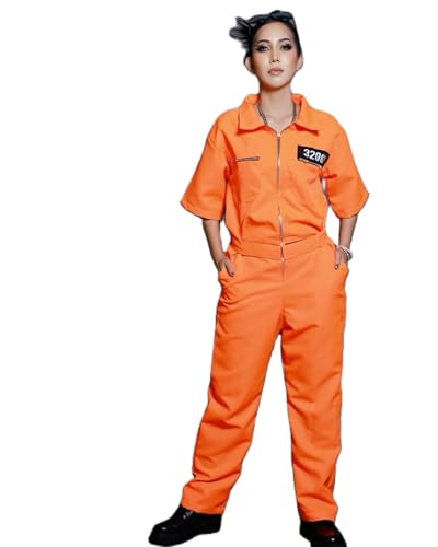 Mugoebu Damen Halloween Gefangene Kostüm Zip-up Nummer Revers Hals Kurzarm Gefängnis Overall Gefangene Cosplay Outfits (Orange, XL) von Mugoebu