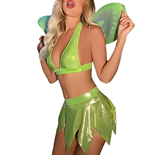 Mugoebu Damen Neon Fee Tinkerbell Kostüm Ärmelloses BH Tops Minirock Schmetterlingsflügel Nachtclub Outfit für Cosplay (Green, M) von Mugoebu