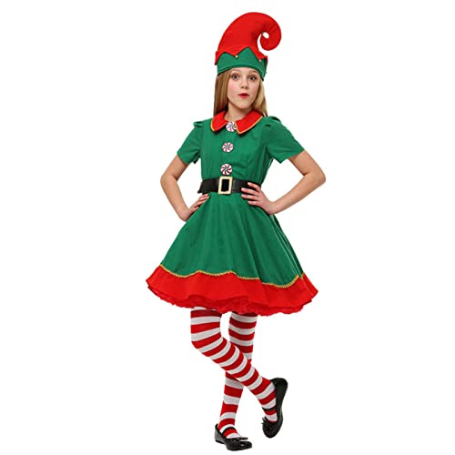 Mugoebu Festliche Elfenkleidung Elfenhut Set Hemd Hosen Kleid Weihnachten Karneval Cosplay Herren Damen Merry Xmas Erwachsene Elfen Familienkleidung (Girl Elf, 11-12 Years) von Mugoebu