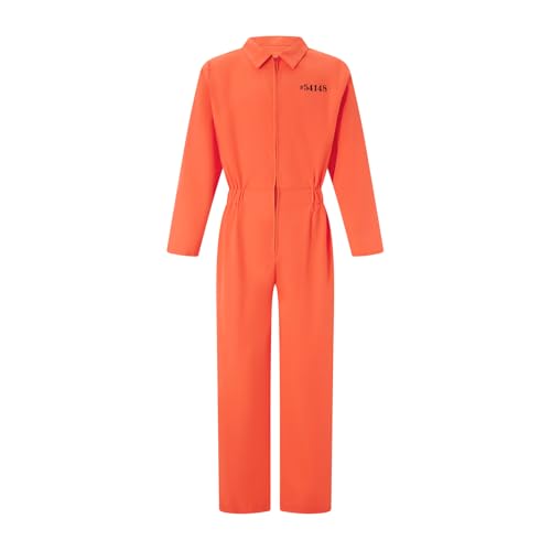 Mugoebu Gefangenenkostüm für Damen und Herren, T-Shirt mit Zahlenaufdruck, V-Ausschnitt, kurzärmliges T-Shirt, Hose mit elastischer Taille, Overall für Halloween-Bühnenparty (Orange Men Jumpsuit, L) von Mugoebu