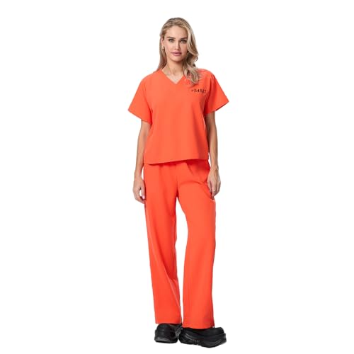 Mugoebu Gefangenenkostüm für Damen und Herren, T-Shirt mit Zahlenaufdruck, V-Ausschnitt, kurzärmliges T-Shirt, Hose mit elastischer Taille, Overall für Halloween-Bühnenparty (Orange Women, L) von Mugoebu