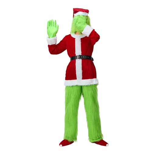 Mugoebu Grünes Monsterkostüm für Erwachsene „Wie der Grinch Weihnachten gestohlen hat“ 7-teiliges Kostümset – Inklusive Maske, Halloween, Weihnachten, lustiges Cosplay-Kostüm-Requisiten (Green, XXL) von Mugoebu