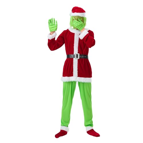 Mugoebu Grünes Monsterkostüm für Erwachsene „Wie der Grinch Weihnachten gestohlen hat“ 7-teiliges Kostümset – Inklusive Maske, Halloween, Weihnachten, lustiges Cosplay-Kostüm-Requisiten (Red, L) von Mugoebu