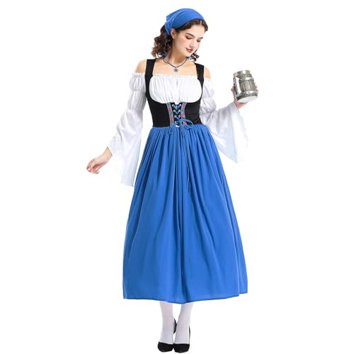 Mugoebu Halloween-Dienstmädchen-Outfit für Damen, langärmliges, schulterfreies Patchwork-Langkleid mit Haarschal, Schürze, Dienstmädchen-Kostüm (Blue, L) von Mugoebu