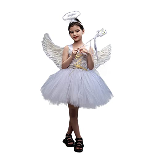 Mugoebu Halloween-Engelskostüm für Mädchen, inklusive Federflügeln, Heiligenschein-Stirnband, Zauberstab und mehrlagigem Tutu-Rock für Kinder, Halloween-Feen-Cosplay-Kostüm (White, 10-12 Years) von Mugoebu