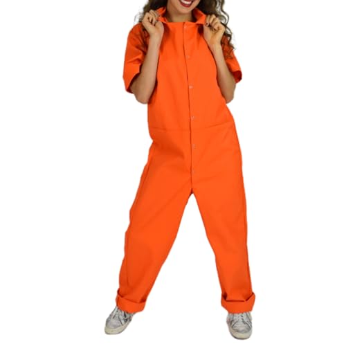 Mugoebu Halloween Gefängnis Kostüm für Damen, Overall, orange, Uniform, langärmelig, Overall, Gefängnisinsasse, Krimineller, Cosplay-Kostüm (Orange, L) von Mugoebu