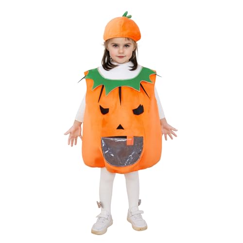 Mugoebu Halloween Kind Mädchen Kürbis Kleid Kostüm Halloween Cosplay Kostüm Kleinkind Jungen Mädchen Ärmellos Kürbis Strampler mit Hut (Orange Red, 3-4T) von Mugoebu