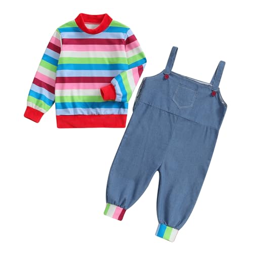 Mugoebu Halloween-Kostüm Good Guys für Kleinkinder, Chucky-Puppe, Kinder-Halloween-Kostüm, langärmliges gestreiftes Sweatshirt mit Overall, Horror-Cosplay-Kostüm (Blue, 12-18 Months) von Mugoebu