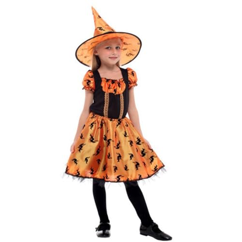 Mugoebu Halloween-Kostüm für Kinder, Mädchen, Hexenkleid und klassisches Hut-Set für Kleinkinder, Cosplay, Mädchen, Halloween, Kürbiskleid, Geister-Ferien-Skaterkleider (Orange, L) von Mugoebu