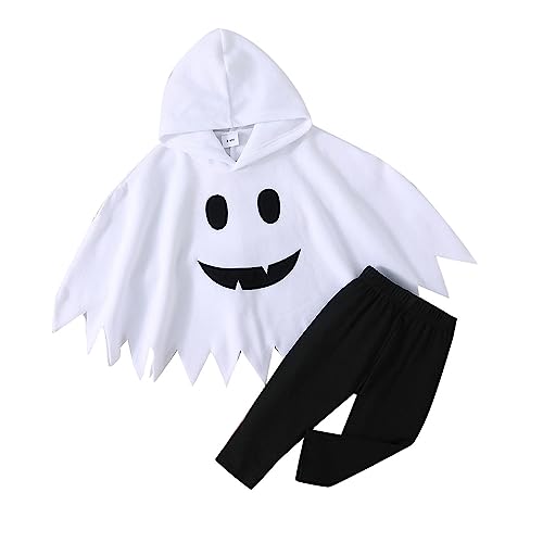 Mugoebu Halloween-Kostüm für Kleinkinder, Mädchen und Jungen, Umhang mit Geister- und Lächeln-Aufdruck, Kapuzenpullover und lange Hosen, 2-teiliges Halloween-Kleidungsset (White, 4-5T) von Mugoebu