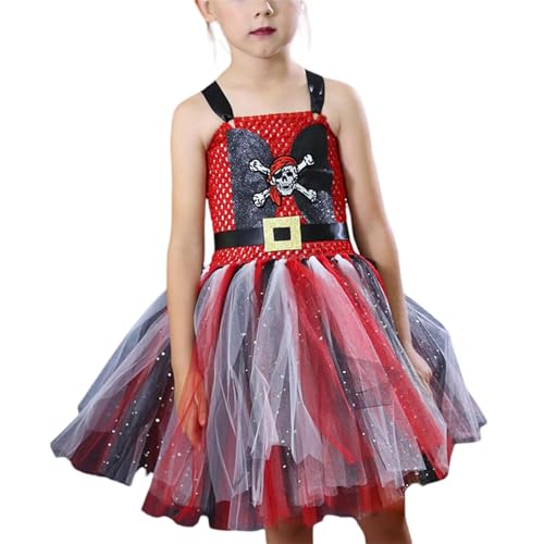 Mugoebu Halloween-Kostüm für Mädchen, ärmellos, mit Totenkopf-Print, Tüllkleid, gespenstisches Skelett-Kostüm für Halloween (Red, 10-12 Years) von Mugoebu