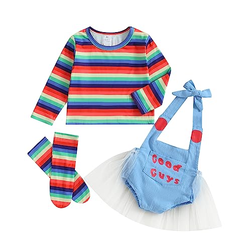 Mugoebu Halloween-Kostümset Chucky für Kleinkinder, Mädchen, langärmliges Oberteil mit Regenbogen-Streifenmuster + Strampler mit Buchstabenmuster + lange Socken (Rainbow, 1-2T) von Mugoebu