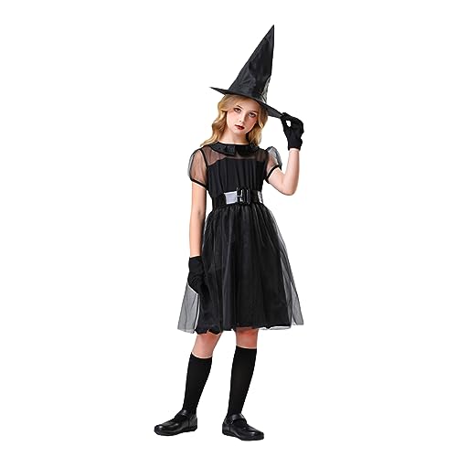 Mugoebu Hexenkostüm-Set für Kleinkinder, Mädchen, kurzärmliges Tüllkleid, Hut, Handschuhe, Sets für Halloween-Party, Cosplay, Hexenkostüm für Mädchen, Hexenkostüm für Kinder (Black, L) von Mugoebu