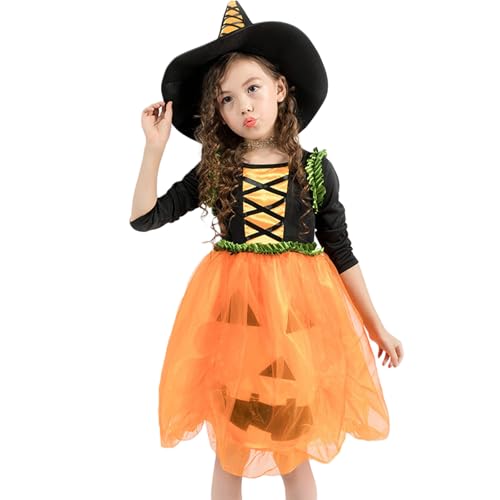 Mugoebu Kinder-Halloween-Kostüm, Kürbis-Hexenkleid und Hexenhut-Set für Kleinkinder, Cosplay-Party, Urlaubs-Outfit (Orange, M) von Mugoebu