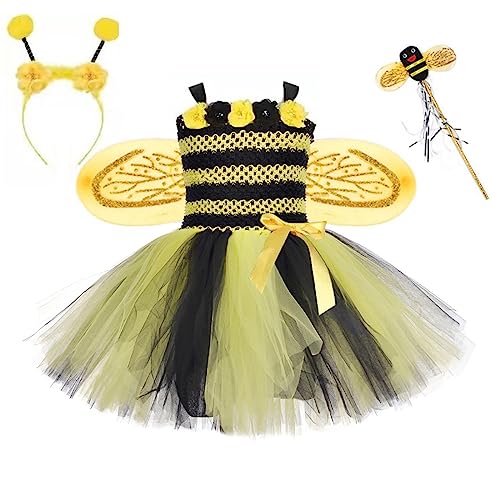 Mugoebu Kinder Mädchen Halloween Bienenkostüm Tüllkleid mit Flügelstirnband und Feenstab für Kinder Rollenspiel Party Cosplay Outfit (Yellow, 2-3T) von Mugoebu