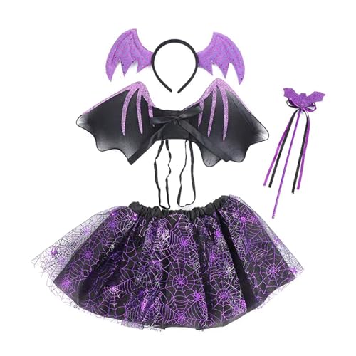 Mugoebu Kinder Mädchen Halloween Fledermaus/Spinnen Kostüm Set Fledermausflügel Rock Set und Zauberstab Tutu Rock Für Halloween Dress up Cosplay (Purple, One Size) von Mugoebu