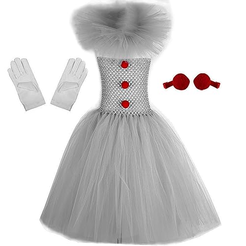 Mugoebu Kinder Mädchen Halloween Kostüme Clown Cosplay Kleid Tüll Tutu Clown Kleid Handschuhe Haarspange Set Party Kostüme Outfits (White, 8-9 Years) von Mugoebu