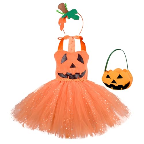 Mugoebu Kürbis-Kostüm-Set für Mädchen, zum Binden, Neckholder-Tüllkleid, Kürbis-Bonbontüte, Stirnband für Halloween, Cosplay-Party (Orange, 7-8 Years) von Mugoebu