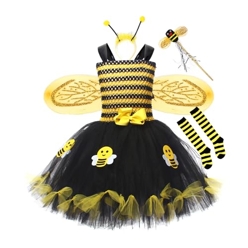 Mugoebu Mädchen Bienenkostüm Ärmelloses Tüllkleid Stirnband Beinwärmer Zauberstab Flügel Sets für Cosplay Kinder Hummel Outfit (Yellow, 10-12Years) von Mugoebu