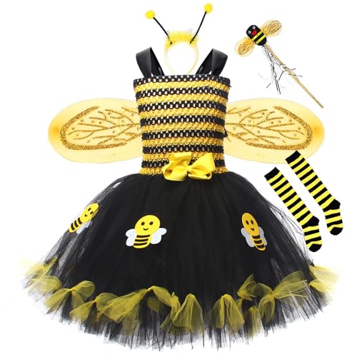 Mugoebu Mädchen Bienenkostüm Deluxe Prinzessin Tutu Kleid Flügel Zauberstab Strümpfe Stirnband Set für Halloween Party (Yellow, 10-12 Years) von Mugoebu