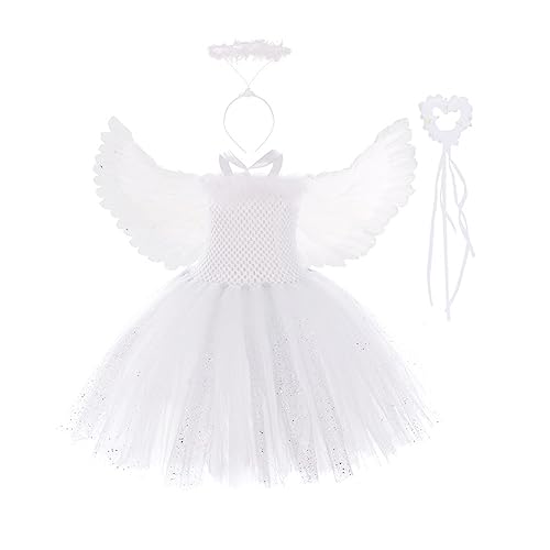 Mugoebu Mädchen Engel Kostüm Deluxe Tutu Kleid mit Flügeln Zauberstab Heiligenschein Stirnband Set Halloween Cosplay Outfit (White 2, M) von Mugoebu